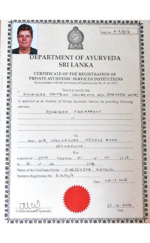 Certificate of Registration for Private Ayurvedic Service in Sri Lanka